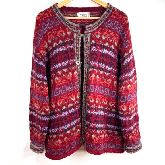 YETI Nepal Wool Cardigan XL Hand Knit Red Fair Isle Chunky Christmas Granny Ski - Picture 11 of 11